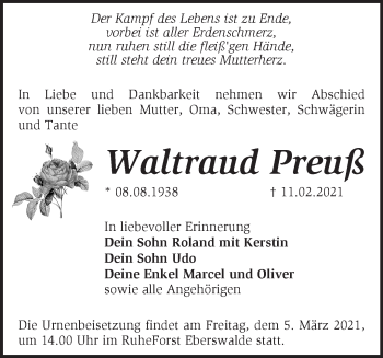 Traueranzeige von Waltraud Preuß von Märkische Oderzeitung