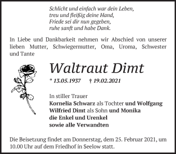 Traueranzeige von Waltraut Dimt von Märkische Oderzeitung
