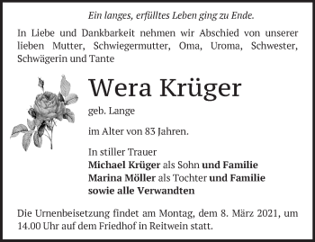 Traueranzeige von Wera Krüger von Märkische Oderzeitung