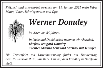 Traueranzeige von Werner Domdey von Märkische Oderzeitung