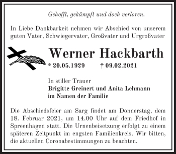 Traueranzeige von Werner Hackbarth von Märkische Oderzeitung