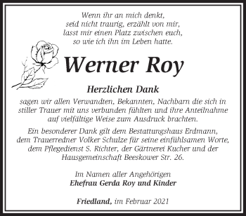 Traueranzeige von Werner Roy von Märkische Oderzeitung