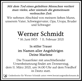 Traueranzeige von Werner Schmidt von Märkische Oderzeitung