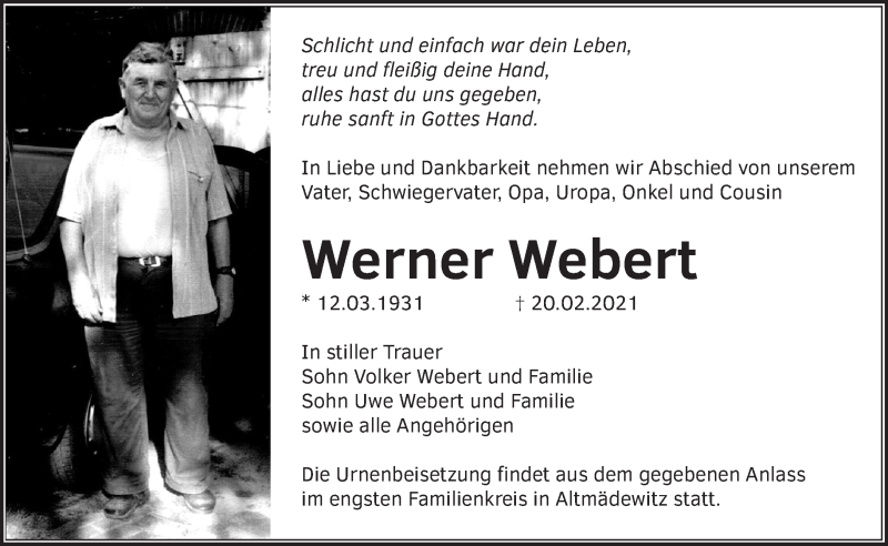  Traueranzeige für Werner Webert vom 25.02.2021 aus Märkische Oderzeitung