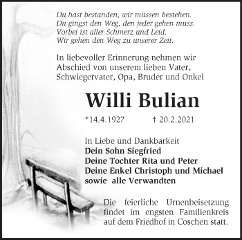 Traueranzeige von Willi Bulian von Märkische Oderzeitung