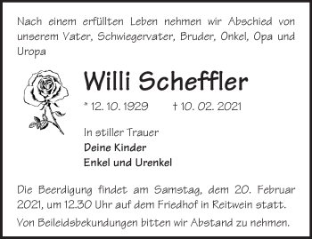 Traueranzeige von Willi Scheffler von Märkische Oderzeitung