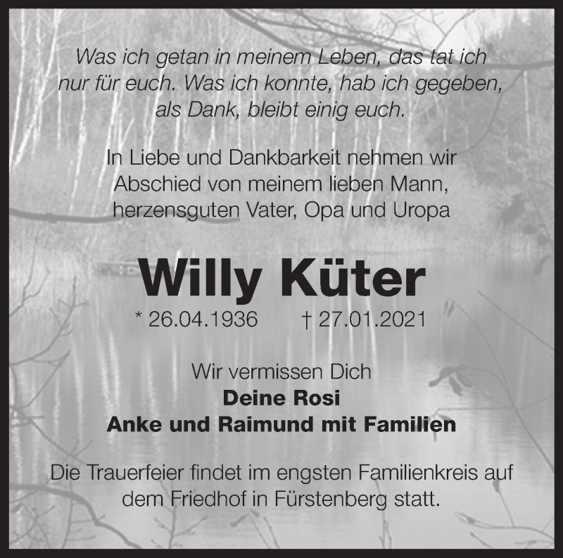  Traueranzeige für Willy Küter vom 06.02.2021 aus Märkische Oderzeitung