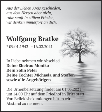 Traueranzeige von Wolfgang Bratke von Märkische Oderzeitung