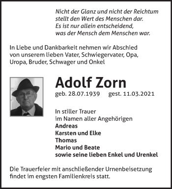 Traueranzeige von Adolf Zorn von Märkische Oderzeitung