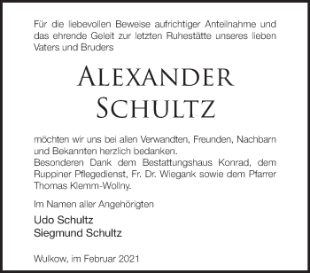 Traueranzeige von Alexander Schultz von Märkische Oderzeitung