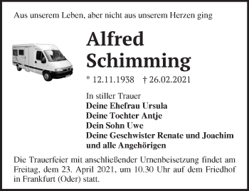 Traueranzeige von Alfred Schimming von Märkische Oderzeitung