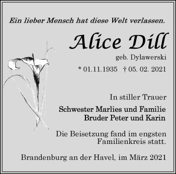 Traueranzeige von Alice Dill von Märkische Oderzeitung