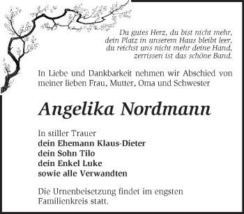 Traueranzeige von Angelika Nordmann von Märkische Oderzeitung