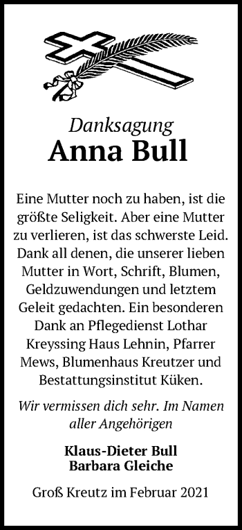 Traueranzeige von Anna Bull von Märkische Oderzeitung