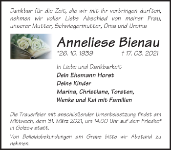 Traueranzeige von Anneliese Bienau von Märkische Oderzeitung