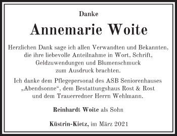 Traueranzeige von Annemarie Woite von Märkische Oderzeitung