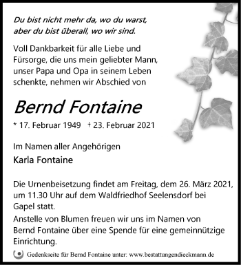 Traueranzeige von Bernd Fontaine von Märkische Oderzeitung