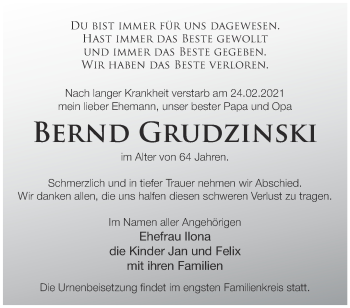Traueranzeige von Bernd Grudzinski von Märkische Oderzeitung