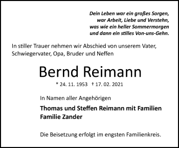 Traueranzeige von Bernd Reimann von Märkische Oderzeitung