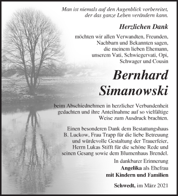 Traueranzeige von Bernhard Simanowski von Märkische Oderzeitung