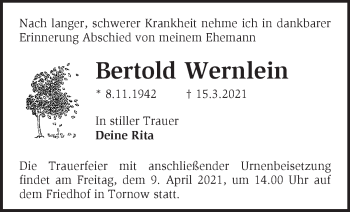 Traueranzeige von Bertold Wernlein von Märkische Oderzeitung