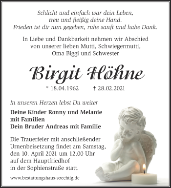 Traueranzeige von Birgit Höhne von Märkische Oderzeitung