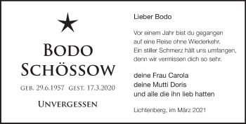 Traueranzeige von Bodo Schössow von Märkische Oderzeitung