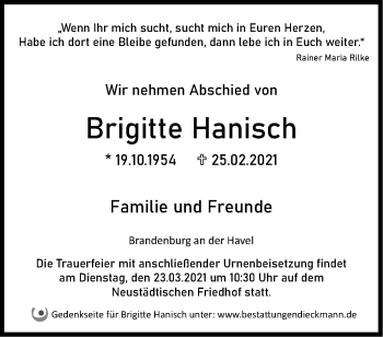 Traueranzeige von Brigitte Hanisch von Märkische Oderzeitung