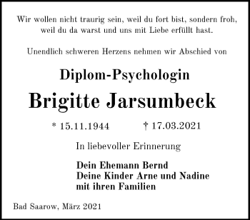 Traueranzeige von Brigitte Jarsumbeck von Märkische Oderzeitung