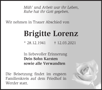 Traueranzeige von Brigitte Lorenz von Märkische Oderzeitung