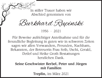 Traueranzeige von Burkhard Rupinski von Märkische Oderzeitung