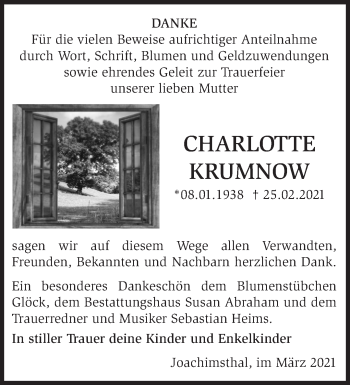 Traueranzeige von Charlotte Krumnow von Märkische Oderzeitung