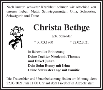 Traueranzeige von Christa Bethge von Märkische Oderzeitung