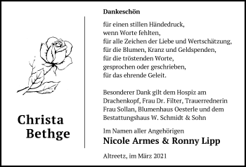 Traueranzeige von Christa Bethge von Märkische Oderzeitung