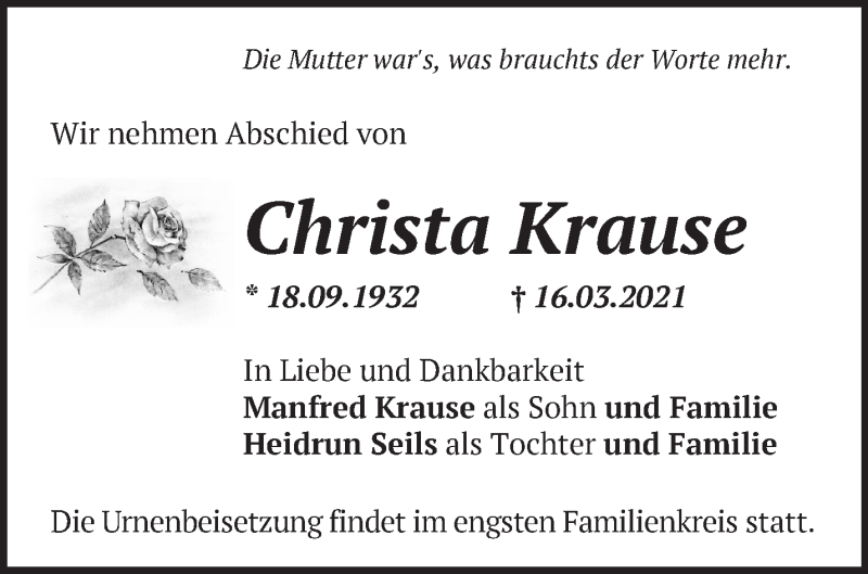  Traueranzeige für Christa Krause vom 27.03.2021 aus Märkische Oderzeitung