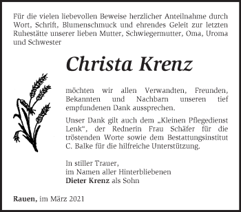 Traueranzeige von Christa Krenz von Märkische Oderzeitung