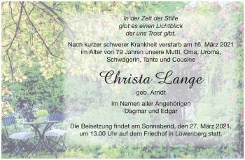 Traueranzeige von Christa Lange von Märkische Oderzeitung