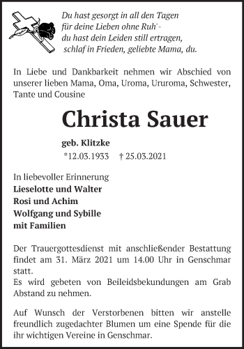 Traueranzeige von Christa Sauer von Märkische Oderzeitung