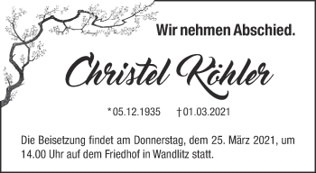 Traueranzeige von Christel Köhler von Märkische Oderzeitung