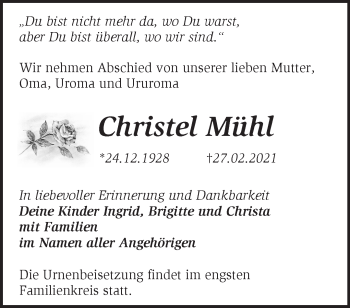 Traueranzeige von Christel Mühl von Märkische Oderzeitung