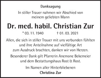 Traueranzeige von Christian Zur von Märkische Oderzeitung
