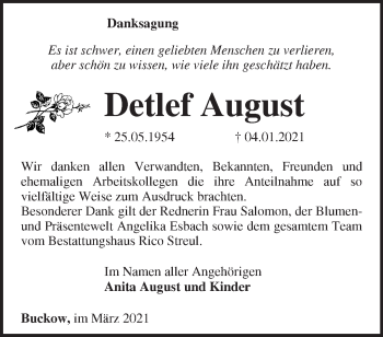 Traueranzeige von Detlef August von Märkische Oderzeitung