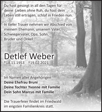 Traueranzeige von Detlef Weber von Märkische Oderzeitung