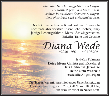 Traueranzeige von Diana Wede von Märkische Oderzeitung