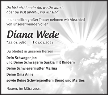 Traueranzeige von Diana Wede von Märkische Oderzeitung