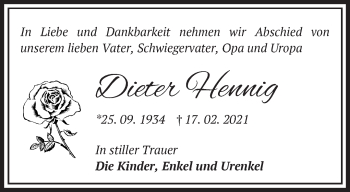 Traueranzeige von Dieter Hennig von Märkische Oderzeitung