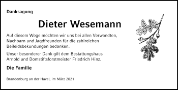 Traueranzeige von Dieter Wesemann von Märkische Oderzeitung