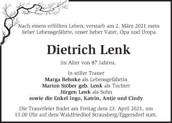 Traueranzeige von Dietrich Lenk von Märkische Oderzeitung