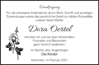 Traueranzeige von Dora Oertel von Märkische Oderzeitung