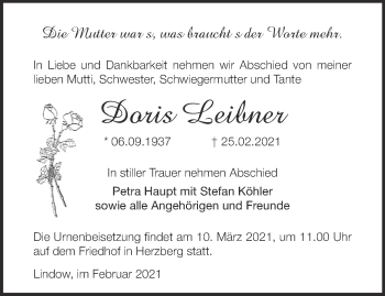Traueranzeige von Doris Leibner von Märkische Oderzeitung